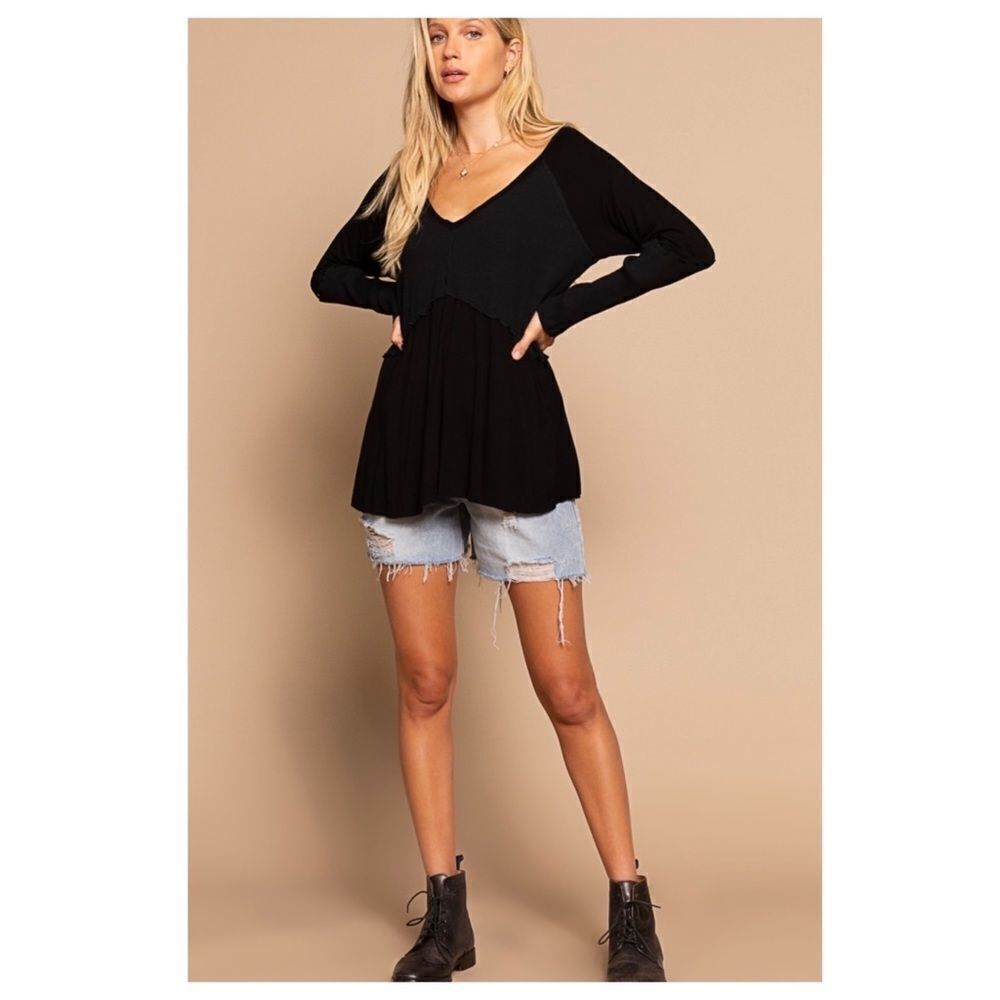 𝅺LIGHT wash long sleeve top w/ rib Detail